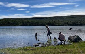To personer står ved kanten av en rolig innsjø under en klarblå himmel. En person ser ut til å leke eller holde en pinne med en hund i vannet, mens den andre huker seg i nærheten. Trekledde åser strekker seg i bakgrunnen.